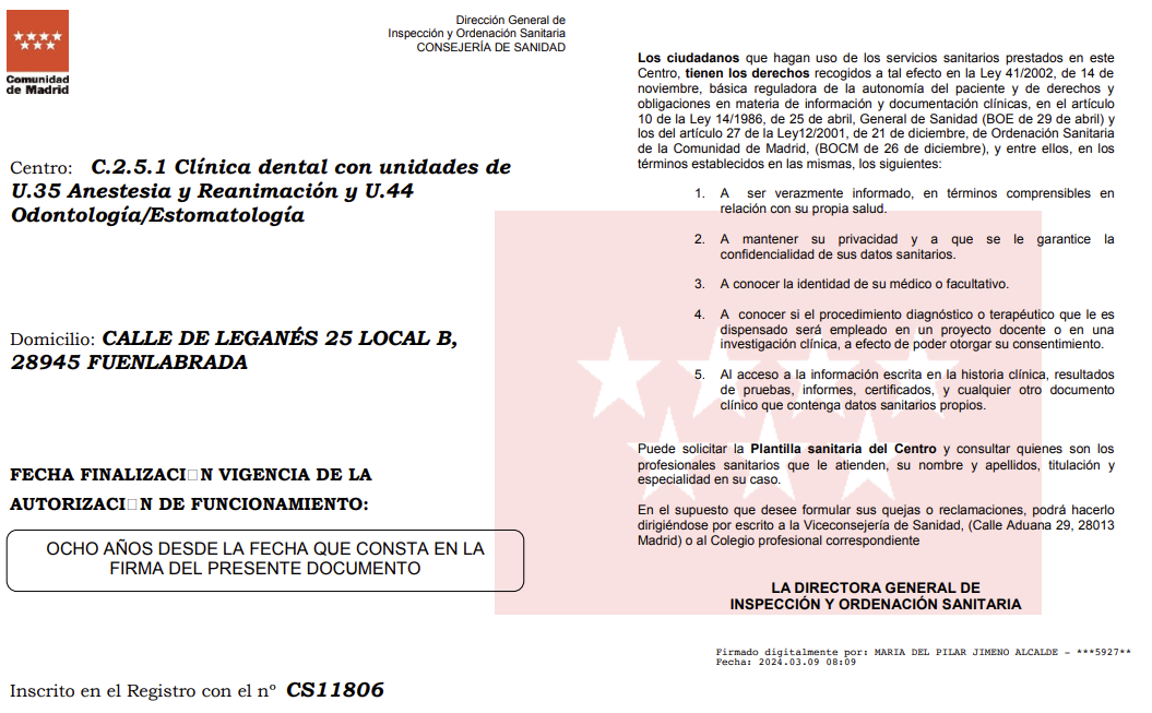Registro sanitario CS11806 de Clínica Dental Imagen